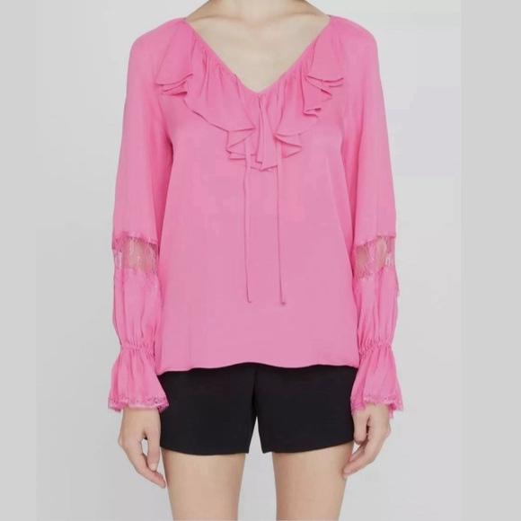 NWT Kobi Halperin Nicolette Lace-Inset Ruffled Silk Blouse in Ivory White - Picture 9 of 16